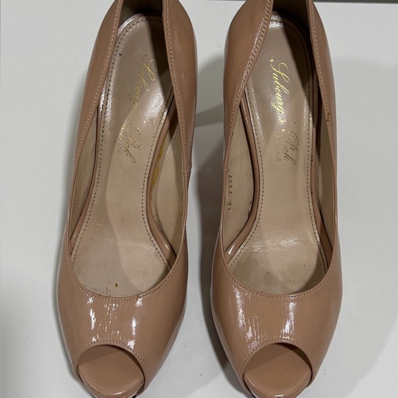 Beige Patent Leather Handmade Peep Toe Heel Platform Pumps Women Size 7.5 - Picture 10 of 14